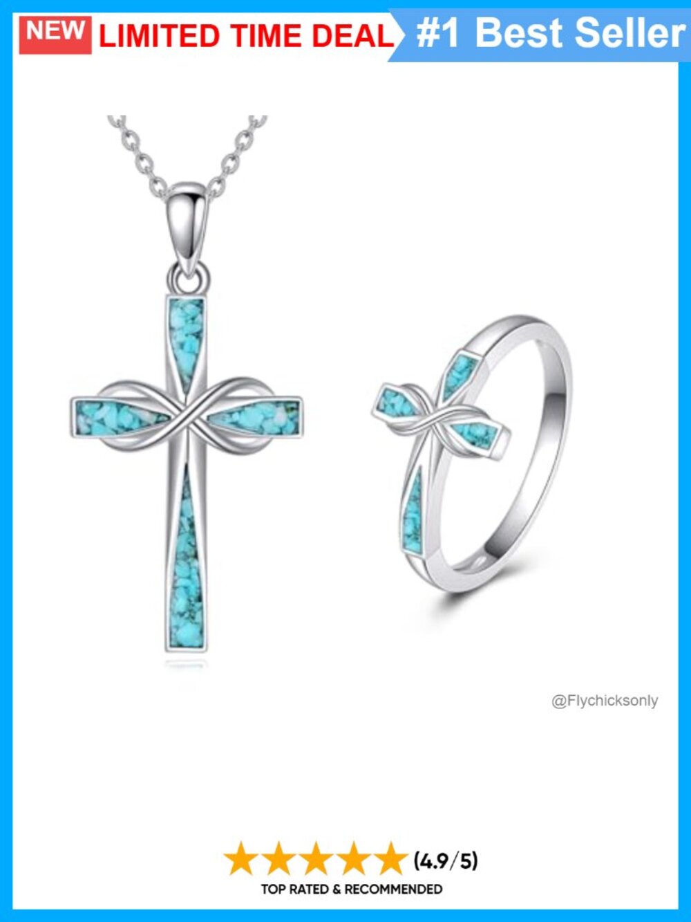 925 Sterling Silver Turquoise Cross Necklace & Ring Set
